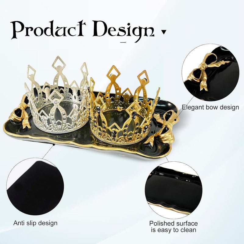 Warmtree Vintage Decorative Tray Jewelry Tray Towel Tray Storage Tray Rings Necklace Bracelets Earrings Trays Cosmetics Jewelry Organizer Retro Design Bow Decor Resin Plate Coquette Room Decor (Black) - Image 3