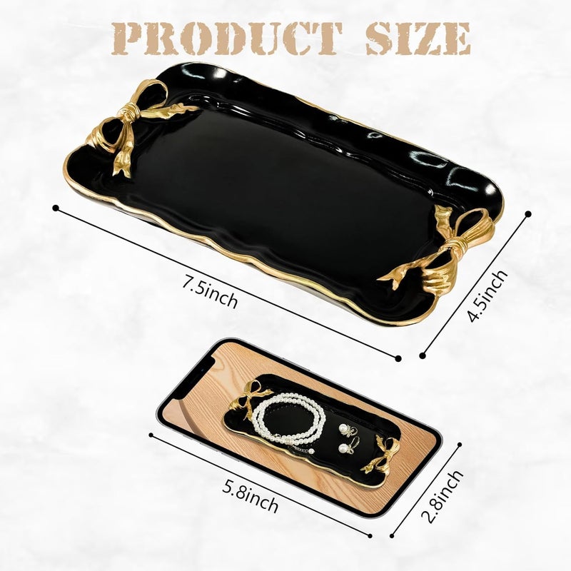 Warmtree Vintage Decorative Tray Jewelry Tray Towel Tray Storage Tray Rings Necklace Bracelets Earrings Trays Cosmetics Jewelry Organizer Retro Design Bow Decor Resin Plate Coquette Room Decor (Black) - Image 2
