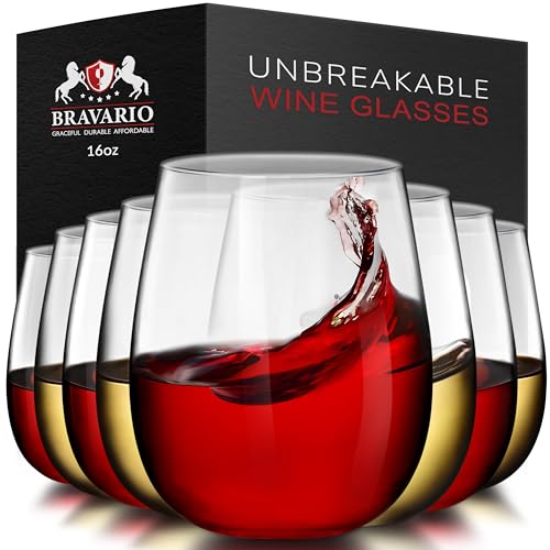 Bravario Unbreakable Stemless Plastic Wine Glasses  Reusable  Shatterproof 100 Tritan Plastic  DishwasherSafe  BPAfree  Awesome for Indoor  Outdoor  16 oz Set of 8