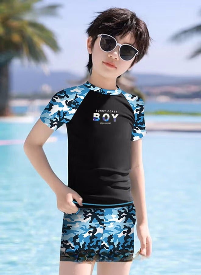 2 Piece Boys Swimsuit Swimming Trunks Set Toddler Kids Training Quick Dry Swimwear Children Short Sleeves Clothing Beachwear Split Bathing Suit for Summer