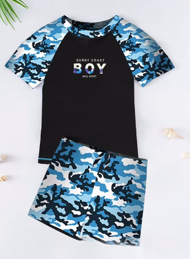 2 Piece Boys Swimsuit Swimming Trunks Set Toddler Kids Training Quick Dry Swimwear Children Short Sleeves Clothing Beachwear Split Bathing Suit for Summer