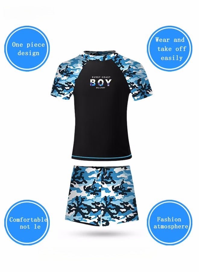 2 Piece Boys Swimsuit Swimming Trunks Set Toddler Kids Training Quick Dry Swimwear Children Short Sleeves Clothing Beachwear Split Bathing Suit for Summer