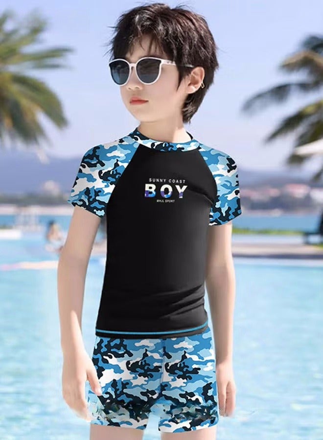 2 Piece Boys Swimsuit Swimming Trunks Set Toddler Kids Training Quick Dry Swimwear Children Short Sleeves Clothing Beachwear Split Bathing Suit for Summer