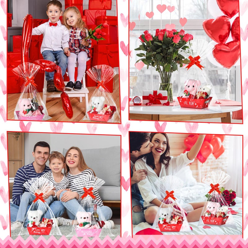Feifeiya 36 Pcs Valentines Day Baskets Gifts Empty Includes 12 Pack Valentines Empty Market Tray Cardboard Basket Clear Cellophane Bags Gift Tags Pull Bows for Valentines Day Holiday Birthday Party Supplies - Image 5