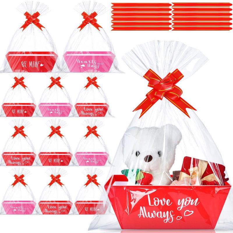 Feifeiya 36 Pcs Valentines Day Baskets Gifts Empty Includes 12 Pack Valentines Empty Market Tray Cardboard Basket Clear Cellophane Bags Gift Tags Pull Bows for Valentines Day Holiday Birthday Party Supplies - Image 1