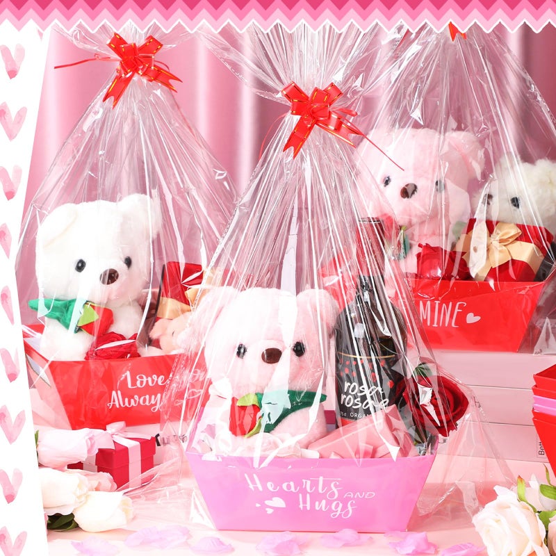 Feifeiya 36 Pcs Valentines Day Baskets Gifts Empty Includes 12 Pack Valentines Empty Market Tray Cardboard Basket Clear Cellophane Bags Gift Tags Pull Bows for Valentines Day Holiday Birthday Party Supplies - Image 3