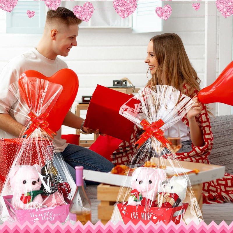 Feifeiya 36 Pcs Valentines Day Baskets Gifts Empty Includes 12 Pack Valentines Empty Market Tray Cardboard Basket Clear Cellophane Bags Gift Tags Pull Bows for Valentines Day Holiday Birthday Party Supplies - Image 4