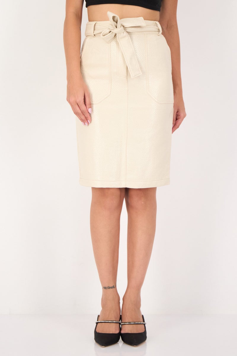 Selected Femme Women Leather Belted Midi Skirts, Cream - Image 1