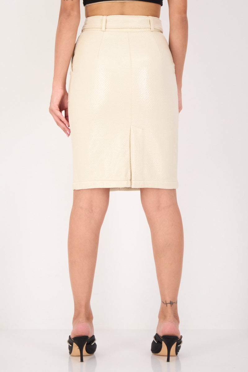 Selected Femme Women Leather Belted Midi Skirts, Cream - Image 3