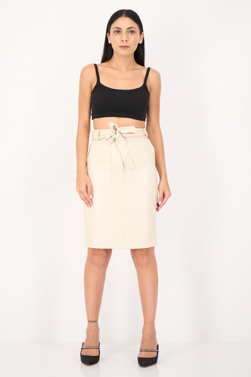 Selected Femme Women Leather Belted Midi Skirts, Cream - Image 4
