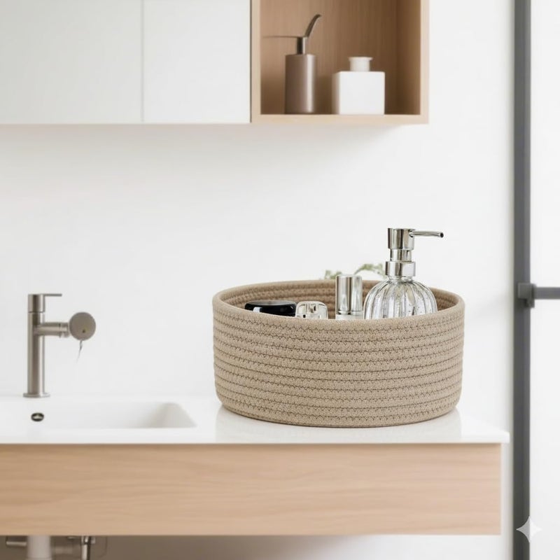 MZ Cotton Rope Storage Basket, Natural Cotton, Round Woven Organiser, Set of 1 (Beige) - Image 2