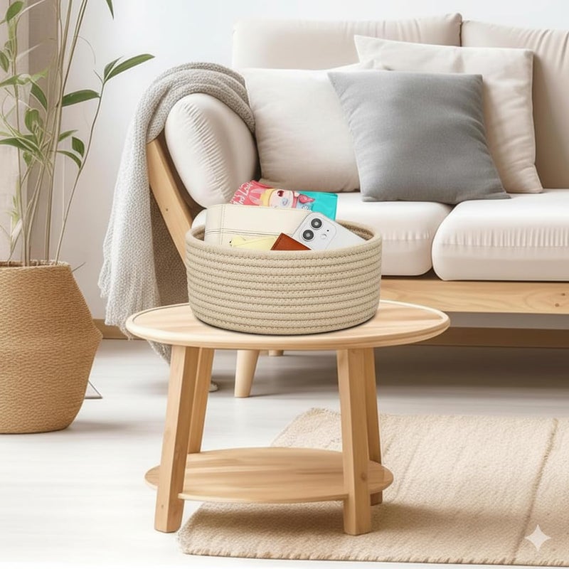 MZ Cotton Rope Storage Basket, Natural Cotton, Round Woven Organiser, Set of 1 (Beige) - Image 4