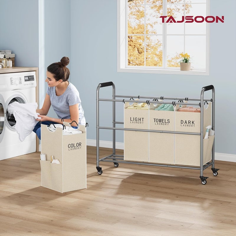 Tajsoon عربة فرز الغسيل تاجسون 4 أكياس، عربة فرز الغسيل بأربعة أقسام مع عجلات دوارة قابلة للقفل ثقيلة التحمل، سلة فرز الغسيل مع أكياس قابلة للإزالة لتخزين الملابس المتسخة، بيج - Image 2