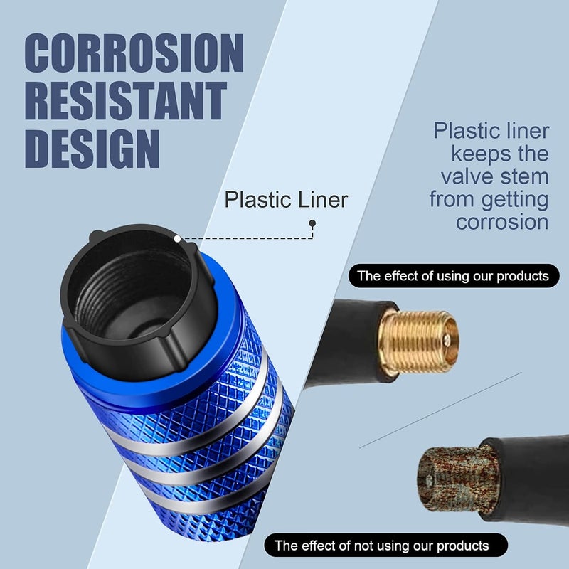 DECURCAR غطاء صمام إطار DECURCAR - (عبوة من 5 قطع) غطاء هواء الإطار معدني مع بطانة بلاستيكية، مقاوم للتآكل، مانع للتسرب، العلم الأمريكي، للسيارات والشاحنات والدراجات النارية والدراجات، أزرق سطح سهل المسح - Image 2