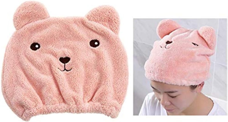 قبعة شعر جافة ناعمة ماصة لطيفة على شكل دب كرتوني سوبر ناعمة من الألياف الدقيقة للأطفال والبالغين منشفة سريعة الجفاف وردية