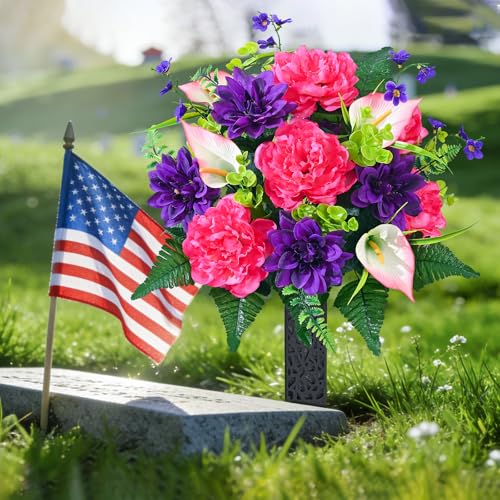 Dolicer Artificial Cemetery Flowers for Grave, Set of 2 Memorial Grave Flowers for Cemetery with Vase Realistic Silk Gravesites UV Resistant Peony Flowers Decorations (Red with Purple) - Image 4
