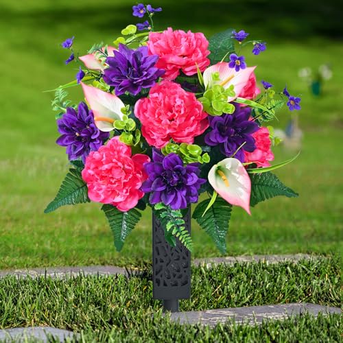 Dolicer Artificial Cemetery Flowers for Grave, Set of 2 Memorial Grave Flowers for Cemetery with Vase Realistic Silk Gravesites UV Resistant Peony Flowers Decorations (Red with Purple) - Image 1