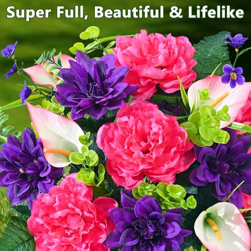 Dolicer Artificial Cemetery Flowers for Grave, Set of 2 Memorial Grave Flowers for Cemetery with Vase Realistic Silk Gravesites UV Resistant Peony Flowers Decorations (Red with Purple) - Image 2