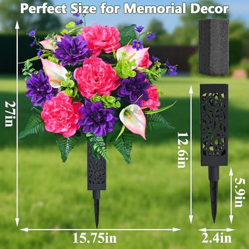 Dolicer Artificial Cemetery Flowers for Grave, Set of 2 Memorial Grave Flowers for Cemetery with Vase Realistic Silk Gravesites UV Resistant Peony Flowers Decorations (Red with Purple) - Image 5
