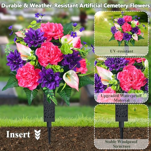 Dolicer Artificial Cemetery Flowers for Grave, Set of 2 Memorial Grave Flowers for Cemetery with Vase Realistic Silk Gravesites UV Resistant Peony Flowers Decorations (Red with Purple) - Image 3
