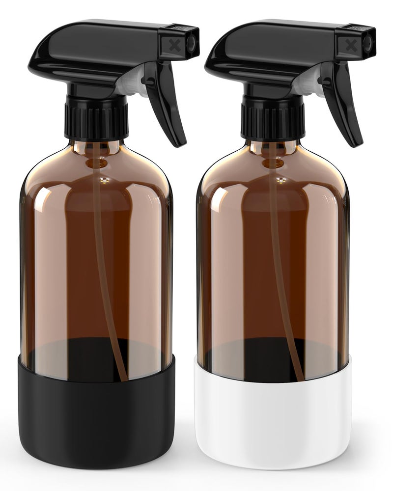 Bontip Glass Spray Bottle With Silicone Sleeve Protection  Amber Glass Spray Bottle Set For Non-Toxic Window Cleaner Aromatherapy Facial Hydration Watering Flowers Hair Care 2 Pack/16 Oz (Black&White) - Image 1