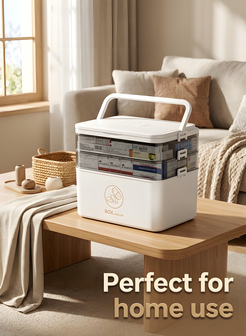 بيوينتي Beauenty Medicine Storage Box,3-Tier First Aid Box Organizer,Medicine Storage Organizer Holder for Home & Travel,Portable Medicine Box Organizer with Handle, Multipurpose Empty Storage Case (White) - Image 3