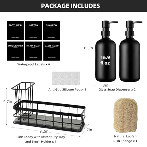 RYTOXILO Dish Soap Dispenser for Kitchen, 16.9 fl oz Black Hand and Dish Soap Dispenser Set, Kitchen Soap Dispenser with Sponge Holder, Brush Holder and Loofah Sponge, Countertop Sink Organizer Accessories - Image 2
