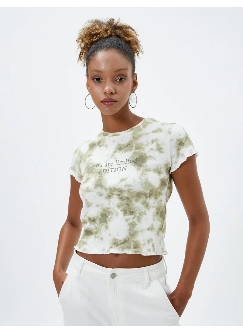 كوتون Slogan Printed T-Shirt with Batik Detail Short Sleeve Crew Neck