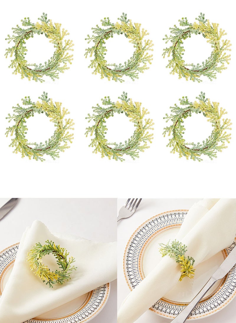 XIYU حلقات مناديل 6 عبوات، حلقات مناديل خشبية بفروع الصنوبر المقدس لتزيين طاولة الزفاف وزينة حفلات عيد الميلاد - Image 1