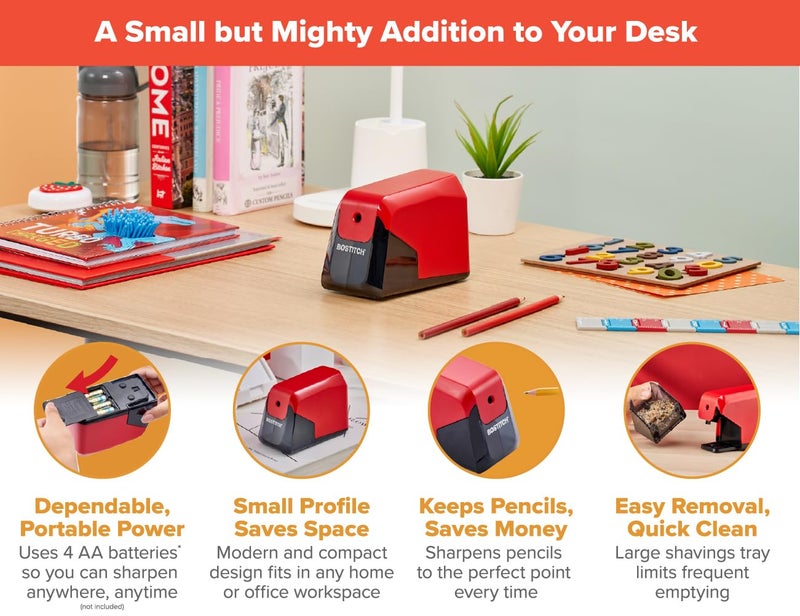 Bostitch Office Battery Pencil Sharpener, 4X Longer Cutter Life, Tip Saver Technology, Red - Image 3