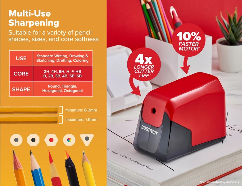 Bostitch Office Battery Pencil Sharpener, 4X Longer Cutter Life, Tip Saver Technology, Red - Image 2