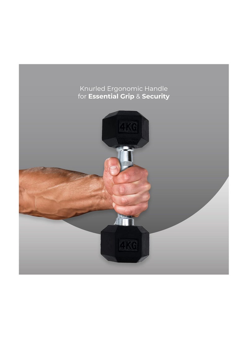 ENDLESS  Endless Pair of 4 kg (2 x 8.8 lb) Hexagon Rubber Coated Dumbbells | Black | Material: Iron and Rubber | Perfect for Bodybuilding, Fitness, Weight Lifting and Training at Home or Gym - Image 4