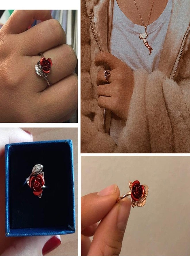 U7 Rose Gold Stacking Band Ring for Cocktail Party Vivid Red Rose Flower Signet Ring, Adjustable 5 to 10 - Image 5