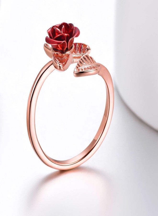 U7 Rose Gold Stacking Band Ring for Cocktail Party Vivid Red Rose Flower Signet Ring, Adjustable 5 to 10 - Image 4
