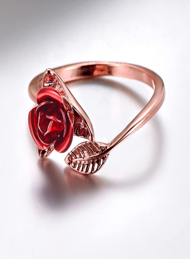 U7 Rose Gold Stacking Band Ring for Cocktail Party Vivid Red Rose Flower Signet Ring, Adjustable 5 to 10 - Image 3
