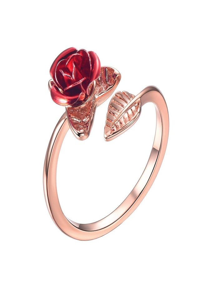 U7 Rose Gold Stacking Band Ring for Cocktail Party Vivid Red Rose Flower Signet Ring, Adjustable 5 to 10 - Image 1