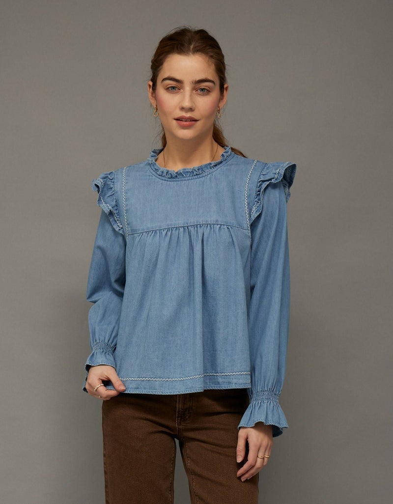 American Eagle AE Long-Sleeve Denim Blouse - Image 1