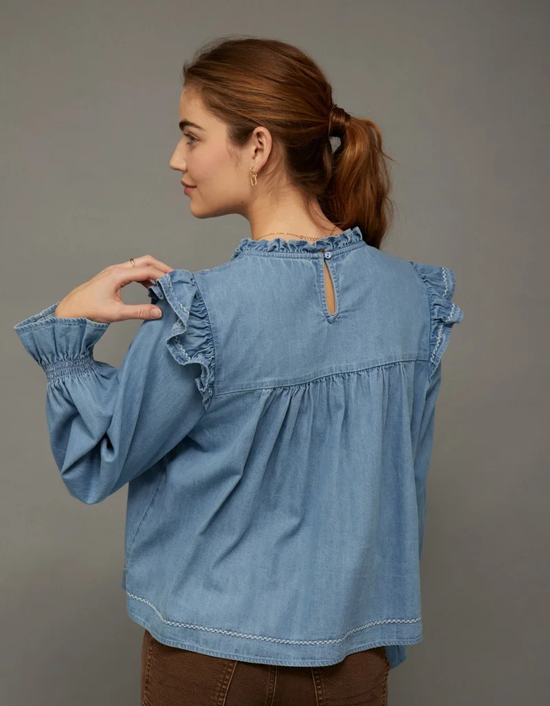 American Eagle  AE Long-Sleeve Denim Blouse for Women | Best Price UAE