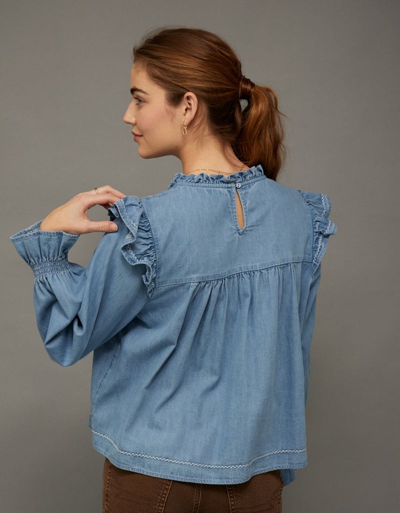 American Eagle AE Long-Sleeve Denim Blouse - Image 2