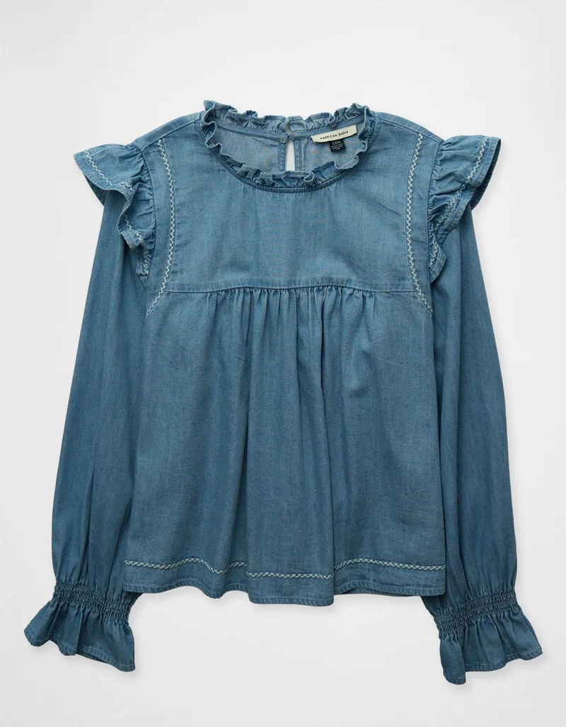 American Eagle  AE Long-Sleeve Denim Blouse for Women | Best Price UAE