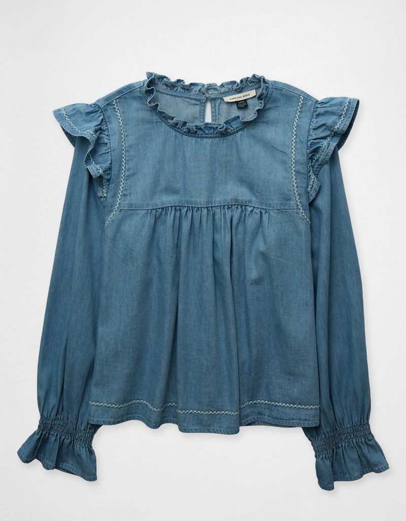 American Eagle AE Long-Sleeve Denim Blouse - Image 3