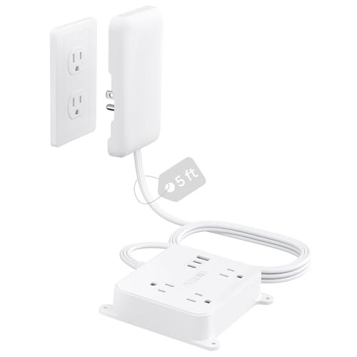 TROND Flat Outlet Cover Extension Cord, 3 AC Widely Spaced with 2 USB C Charger, 5FT Plug Concealer Power Strip, Wall Mount Behind TV, Hidden Under in-Drawer Desk Cabinet Vanity Counter - Image 1