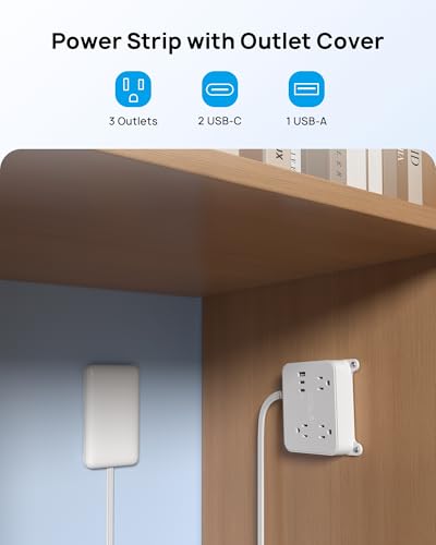 TROND Flat Outlet Cover Extension Cord, 3 AC Widely Spaced with 2 USB C Charger, 5FT Plug Concealer Power Strip, Wall Mount Behind TV, Hidden Under in-Drawer Desk Cabinet Vanity Counter - Image 2