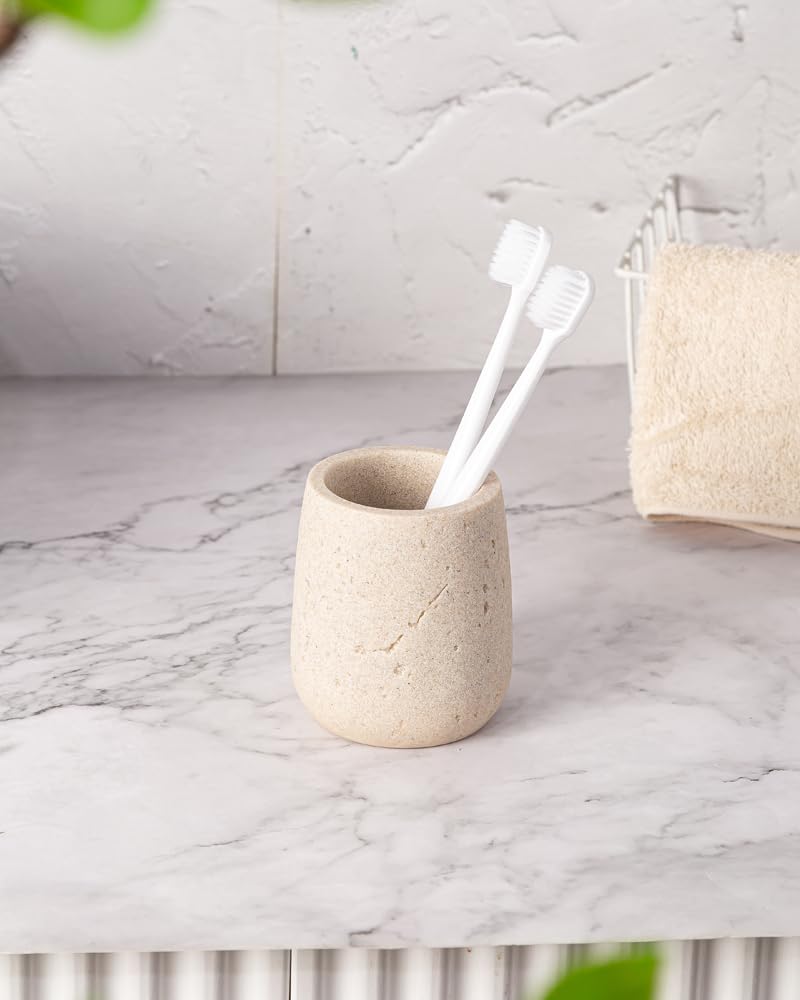 Panço Pano polyresin Bathroom Set of 4 Pcs - Soap Dispenser,Tumbler, Soap Dish, Brush Holder for Bathroom Decor and Home Gift Set (Sand 1) - Image 4