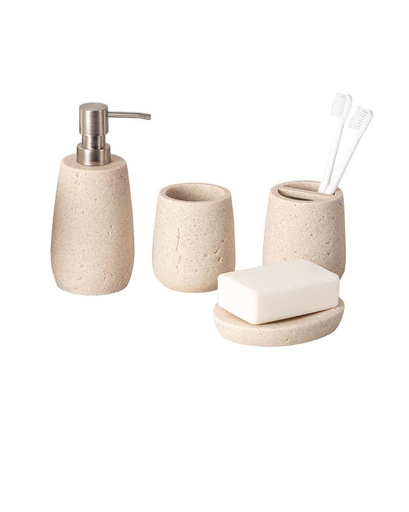 Panço Pano polyresin Bathroom Set of 4 Pcs - Soap Dispenser,Tumbler, Soap Dish, Brush Holder for Bathroom Decor and Home Gift Set (Sand 1) - Image 2