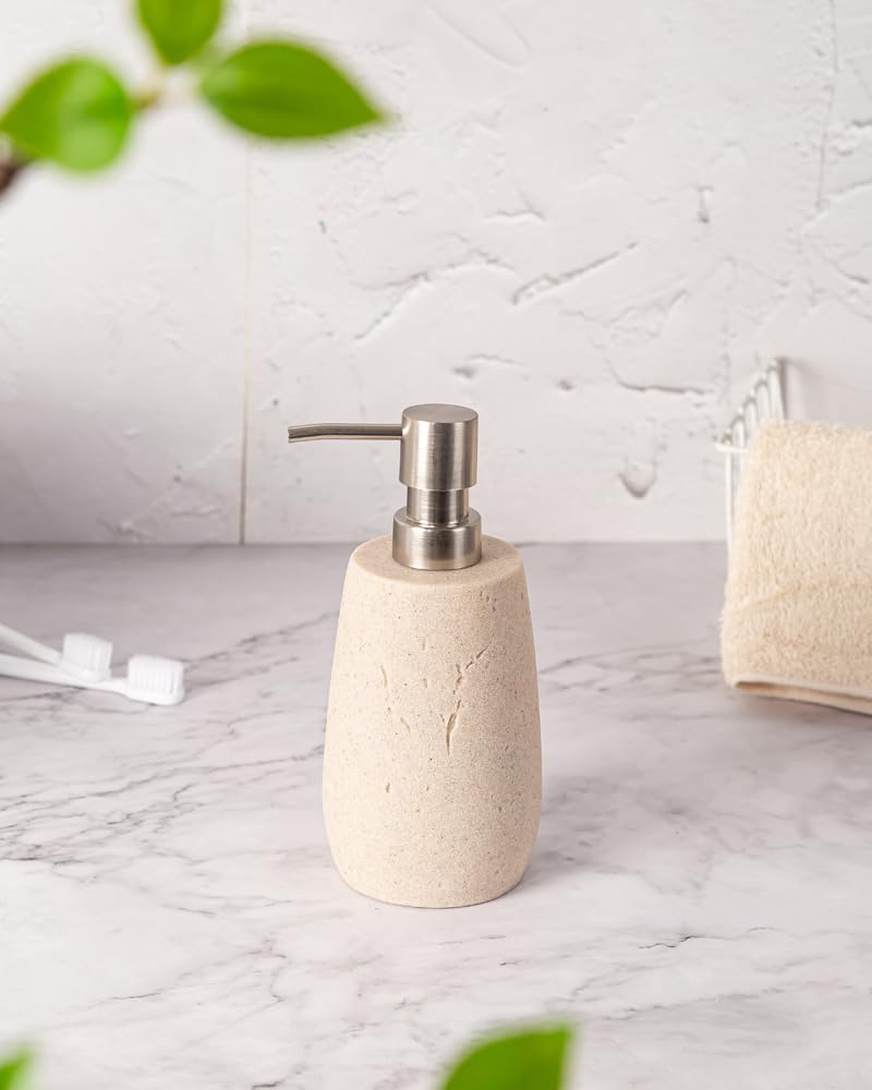 Panço Pano polyresin Bathroom Set of 4 Pcs - Soap Dispenser,Tumbler, Soap Dish, Brush Holder for Bathroom Decor and Home Gift Set (Sand 1) - Image 3