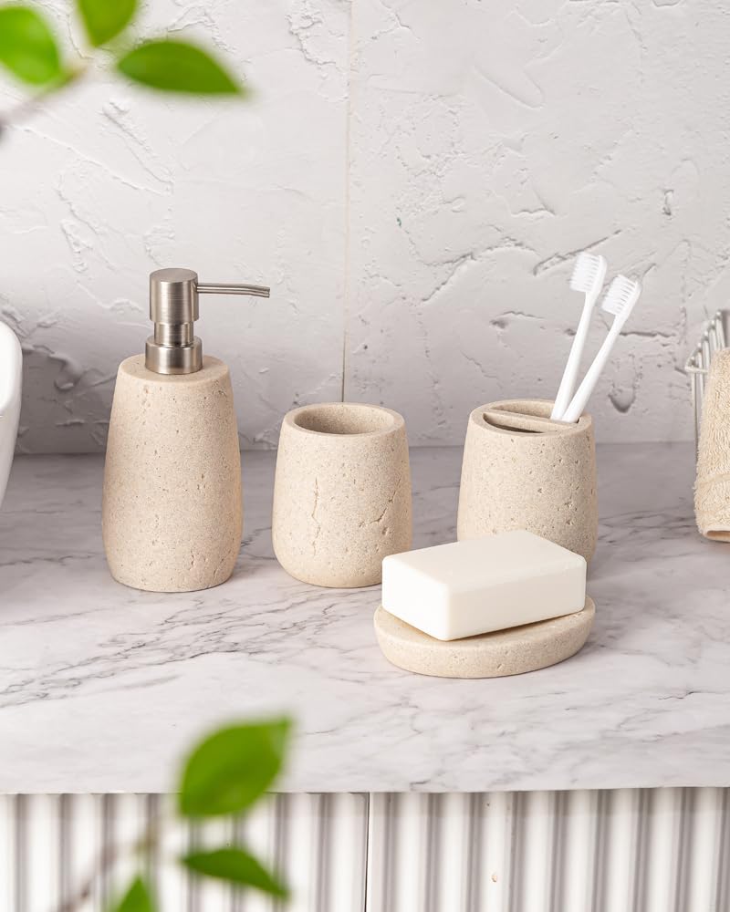 Panço Pano polyresin Bathroom Set of 4 Pcs - Soap Dispenser,Tumbler, Soap Dish, Brush Holder for Bathroom Decor and Home Gift Set (Sand 1) - Image 1