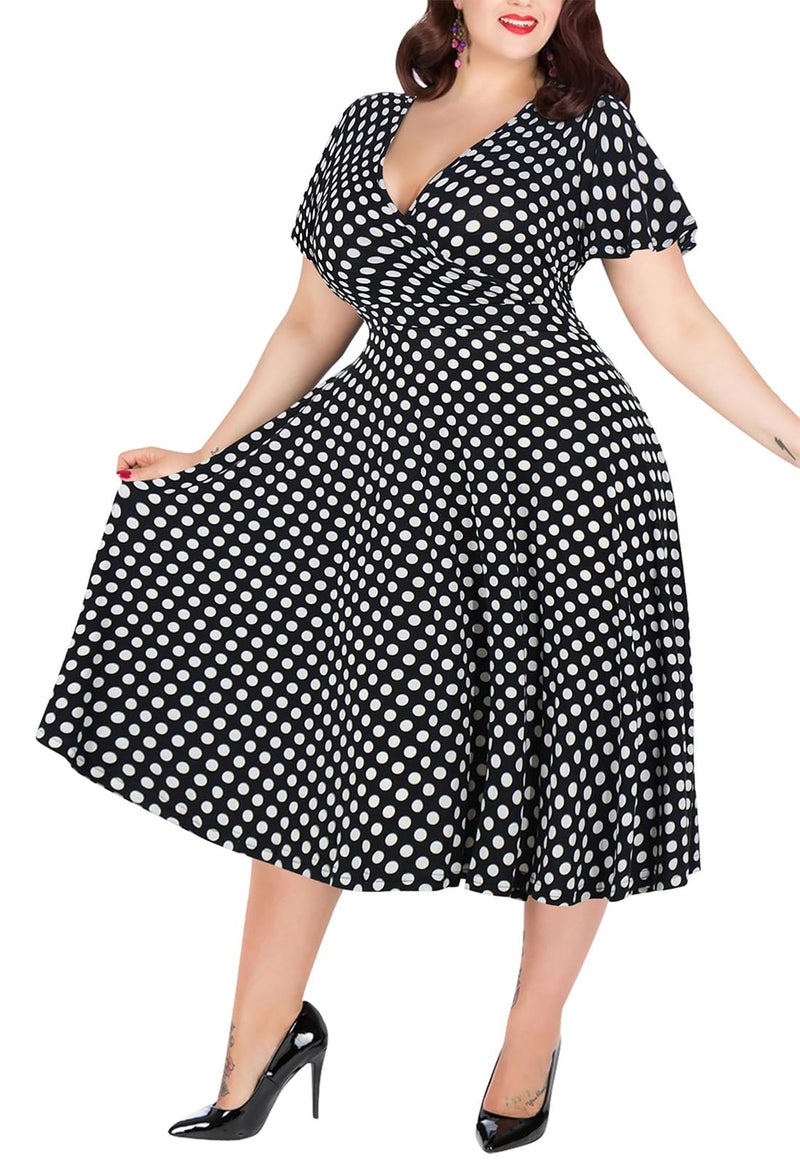 Nemidor Plus Size Dresses for Curvy Women Casual Summer V Neck Short Sleeve Midi Cocktail Vintage Dress with Pocket(073,24,Black Dot) - Image 1