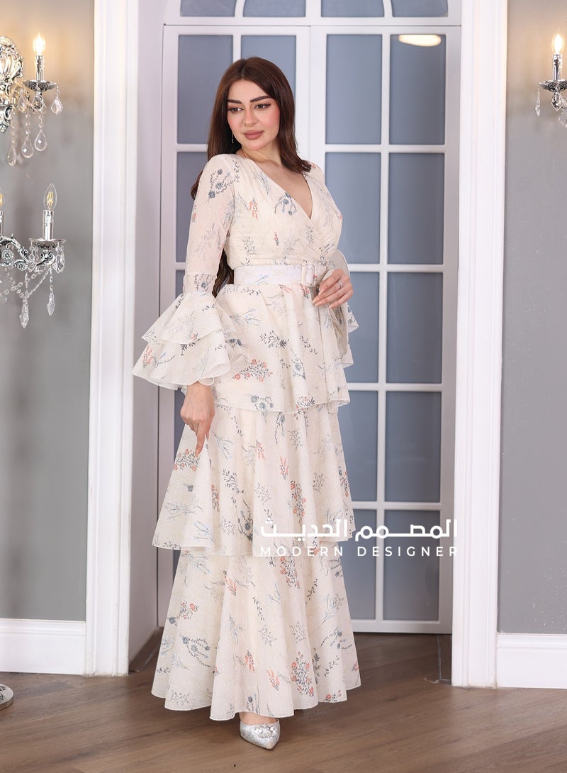 Modern Design Elegant layered floral dress with long sleeves open at the bottom and a wrap-around chest, a great choice for special occasions and formal events.  - Image 2