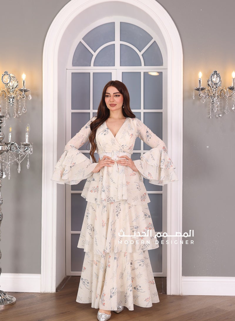 Modern Design Elegant layered floral dress with long sleeves open at the bottom and a wrap-around chest, a great choice for special occasions and formal events.  - Image 1